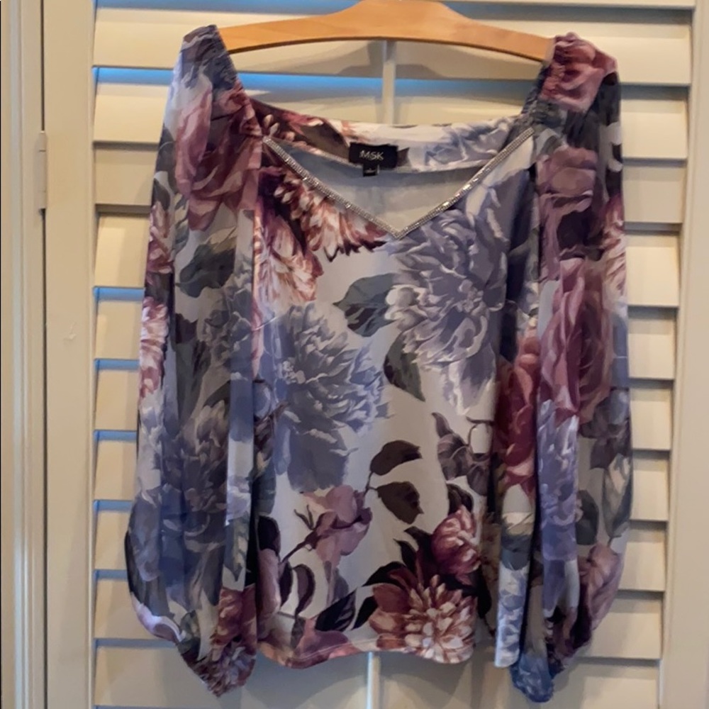 MSK Floral Blouson Sleeve Top in Lavender, Blue and Mauve